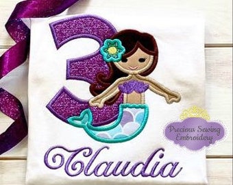 Mermaid Birthday shirt, Personalized mermaid Birthday shirt,3rd  Birthday, Purple mermaid, Embroidered shirt, Mermaid Glitter