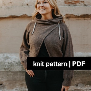May include: A brown knit hooded sweater with a wrap-style front and a long sleeve. The sweater has a white drawstring and the text "knit pattern | PDF" is printed on a black rectangle at the bottom of the image.