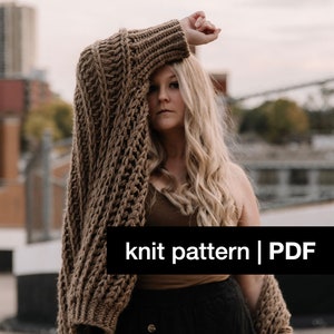 May include: A brown knit cardigan with a cable stitch pattern. The cardigan is worn over a brown tank top and a black skirt. The text "knit pattern | PDF" is visible at the bottom of the image.