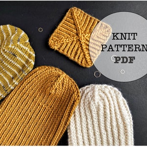 May include: Four knitted hats in gold and cream tones are arranged on a black surface. One hat has white stripes, others have ribbed textures. A circular graphic reads "KNIT PATTERN PDF". The image showcases various knitting patterns.