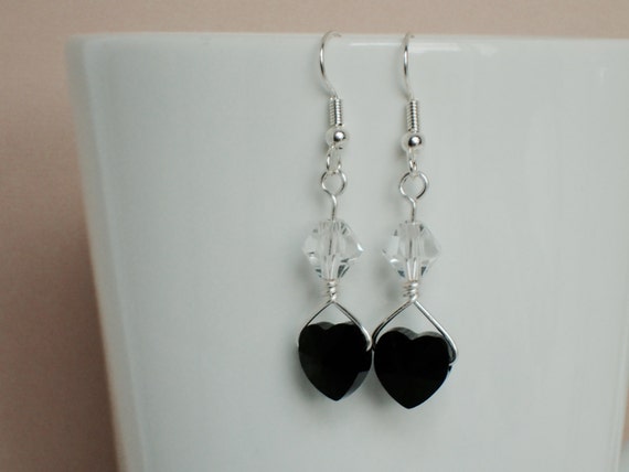 Black Swarovski Crystal Heart Beaded Silver Wrapped Earrings | Etsy