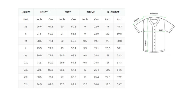 Op de afbeelding: Maattabel voor een baseballshirt met maten in inches en centimeters. De tabel bevat maten XS tot 5XL en maten voor lengte, borst, mouw en schouder.