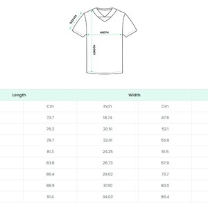 Peut inclure: Tableau des tailles pour un t-shirt avec des mesures en pouces et en centim&egrave;tres. Le tableau indique la taille, la longueur, la largeur et la longueur des manches pour les tailles S &agrave; 5XL.