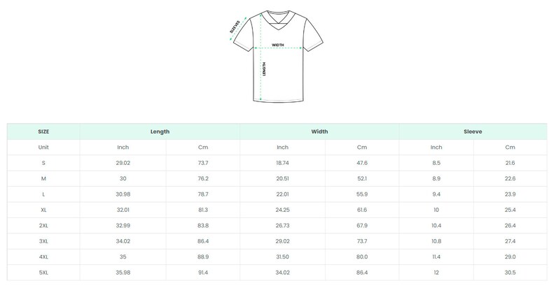 Peut inclure: Tableau des tailles pour un t-shirt avec des mesures en pouces et en centim&egrave;tres. Le tableau indique la taille, la longueur, la largeur et la longueur des manches pour les tailles S &agrave; 5XL.