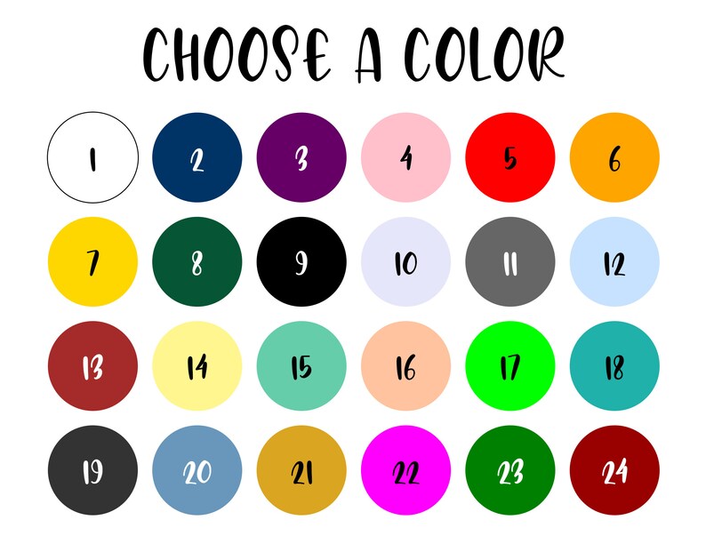 Peut inclure: Un nuancier avec 24 cercles de couleurs diff&eacute;rentes, num&eacute;rot&eacute;s de 1 &agrave; 24. Chaque cercle a un contour blanc.
