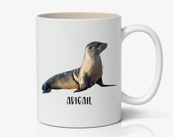 Personalized Seal Coffee Mug | Custom Name Ceramic Mug With Snowy Background, 11oz Or 15oz