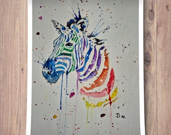Rainbow Zebra Print, Watercolor Painting