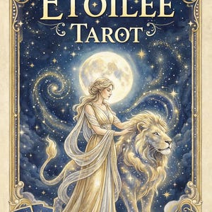 May include: A 22-card Major Arcana tarot deck titled Étoilée Tarot. The box features a gold-bordered illustration of a person in a flowing gown standing with a lion against a dark blue starry night sky with a full moon and two small cards.