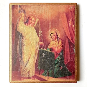 Christian Orthodox Icon of the Annunciation of the Blessed Virgin Mary, Handmade, Wooden board, 18x15cm