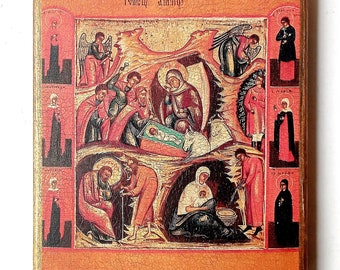 Christian Orthodox Icon of the Nativity of Christ, Nativity Icon, Handmade, Wooden board, 16.5x14.5cm