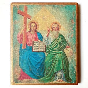Christian Orthodox Icon of the New Testament Holy Trinity, Handmade, Wooden board, 17.5x14.5cm