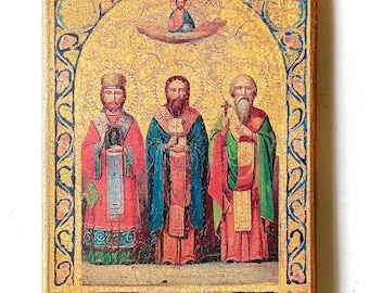 Icono cristiano ortodoxo Tres Jerarcas: Basilio el Grande, Gregorio el Teólogo y Juan Crisóstomo, hecho a mano, tablero de madera, 18x14,5 cm