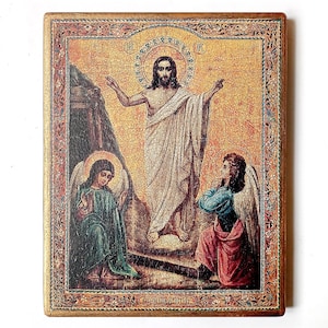 Christian Orthodox Icon Resurrection of Christ, Savior, Jesus, Father, Handmade, Wooden board, 18.5x14.5cm