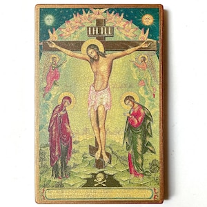 Christian Orthodox Icon Crucifixion of Christ, Savior, Jesus Christ, Father, Lord Almighty, Handmade, Wooden board, 23x14.5cm