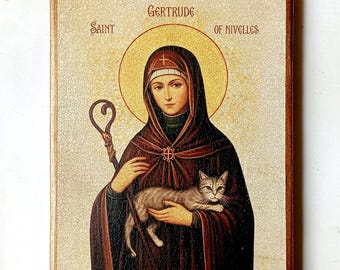 Icono cristiano católico de Santa Gertrudis de Nivelles, hecho a mano, tabla de madera, 20 x 15 cm.
