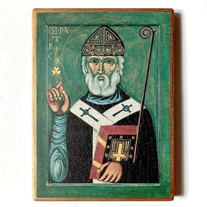 Christian Icon of the Saint Patrick of Ireland, Handmade, Wooden board, 20.5x14.5cm