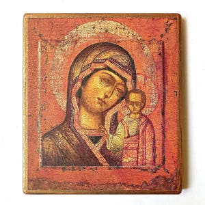 Christian Orthodox Icon of the Mother of God of Kazan, Kazanskaya, Theotokos, Virgin and Child,  Handmade, Wooden board, 17x14.5cm
