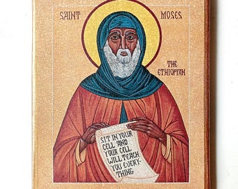 Icono cristiano de San Moisés el Negro, el Efiopiano, hecho a mano, tabla de madera, 18 x 14,5 cm.
