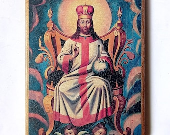 Christian Orthodox Icon Savior, Lord Almighty on the Throne, Handmade, Wooden board, 19.5x14.5cm