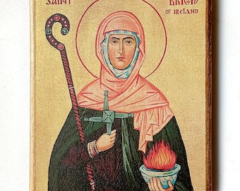 Christelijk-katholiek icoon Saint Brigid of Ireland, Bridget of Kildare, handgemaakt, houten bord, 18 x 14,5 cm