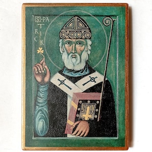 Christian Icon of the Saint Patrick of Ireland, Handmade, Wooden board, 20.5x14.5cm
