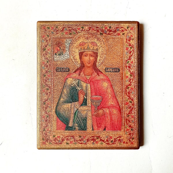 Christian Orthodox Icon of the Saint Barbara, Varvara, Handmade, Wooden board, 18x14.5cm
