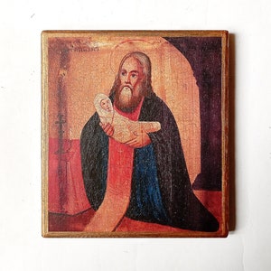 Christelijk icoon van Sint Stylianos van Paphlagonia, beschermer van kinderen, handgemaakt, houten plank, 16,5x14,5cm