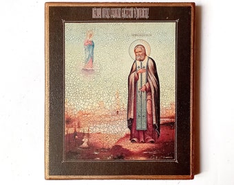 Christelijk Orthodox Icoon van St. Seraphim van Sarov, Sarovskiy Wonderwerker, Handgemaakt, Houten plank, 17.5x14.5cm