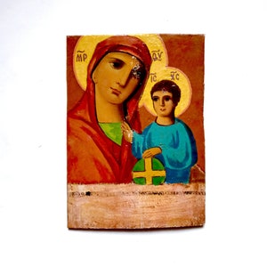 Old Russian Orthodox Icon of the Mother of God, Theotokos, Virgin and Child Virgin Mary Богородица Hand Painted Board 28x20cm