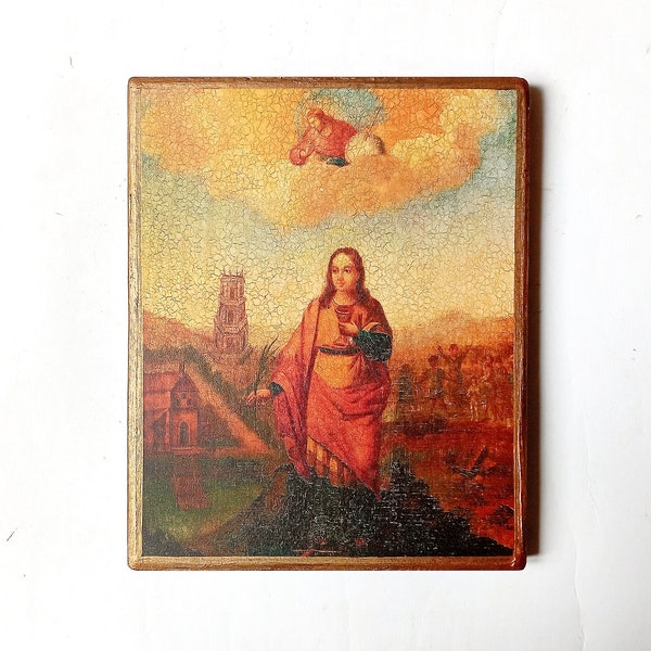 Christian Orthodox Icon of the Saint Barbara, Varvara, Handmade, Wooden board, 18x14.5cm