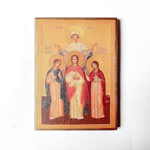 Christian Orthodox Icon Holy Martyrs Faith, Hope, Love and Their Mother Sophia, Handmade, Wooden board, 20x14.5cm