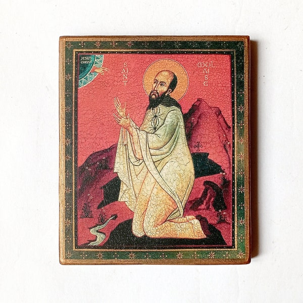 Icono Cristiano de Santa Molaise de Leighlin, Hecho a Mano, Tablero de Madera, 17x14cm