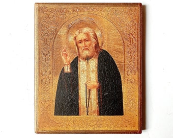 Christelijk-orthodoxe icoon van St. Seraphim van Sarov, Sarovskiy Wonderworker, handgemaakt, houten plank, 18x14,5cm