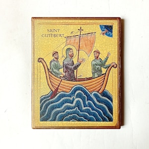Christian Icon of the Saint Cuthbert of Lindisfarne, Handmade, Wooden board, 18.5x15cm