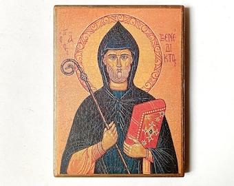Christian Icon of Saint Benedict, Handmade, Wooden board, 19x14.5cm