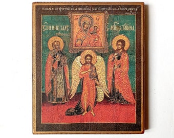 Christian Orthodox Icon of Saints John the Baptist, Nicholas the Wonderworker and Martyr Tatiana, Handmade, Wooden board, 17.5x14.5cm