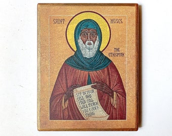 Christian Icon of St Moses the Black, the Ephiopian, Handmade, Wooden board, 18x14.5cm