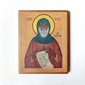 Christian Icon of St Moses the Black, the Ephiopian, Handmade, Wooden board, 18x14.5cm