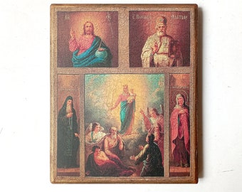 Christian Orthodox Icon Mother of God Joy for All Who Sorrow with Selected Saints, Handmade, Wooden board, 18x14.5cm