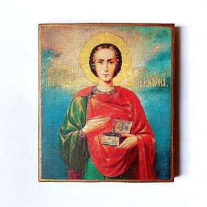 Christian Orthodox Icon Holy Great Martyr Saint Panteleimon (Pantaleon) the Healer, Пантелеймон Целитель, Handmade, Wooden board, 17x14cm