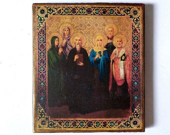 Christian Orthodox Icon of Selected Saints Elisabeth, Stephanides, Joseph, Daria, Michael, Nicholas, Handmade, Wooden board 16.5x14cm