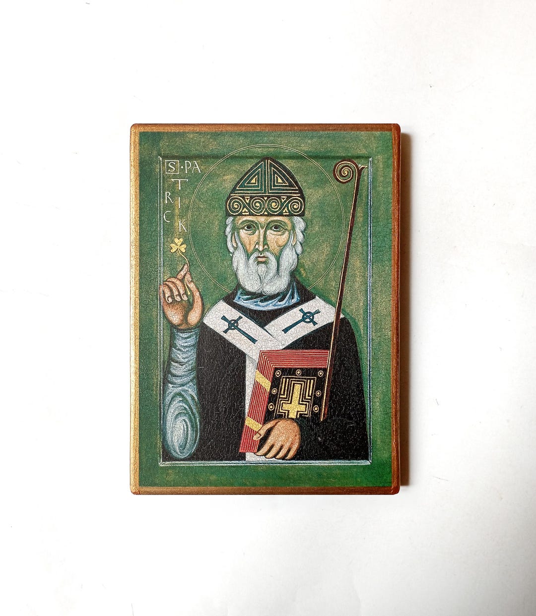 St. Patrick Religious Icon Pattern Christian Icon of Saint Patrick of Ireland, Handmade, Wooden Board, 20 ...
