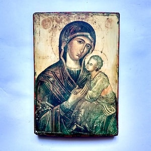 Modern Amazing Orthodox Icon Mother of God, Theotokos, Virgin and Child, Holy Virgin Mary Wooden Board 21x14cm