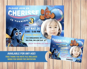 Finding Dory Invitation - Finding Nemo Dory Invite - Disney Pixar Finding Dory Birthday Invitation - DoryNemo Birthday Party, Thank You Card