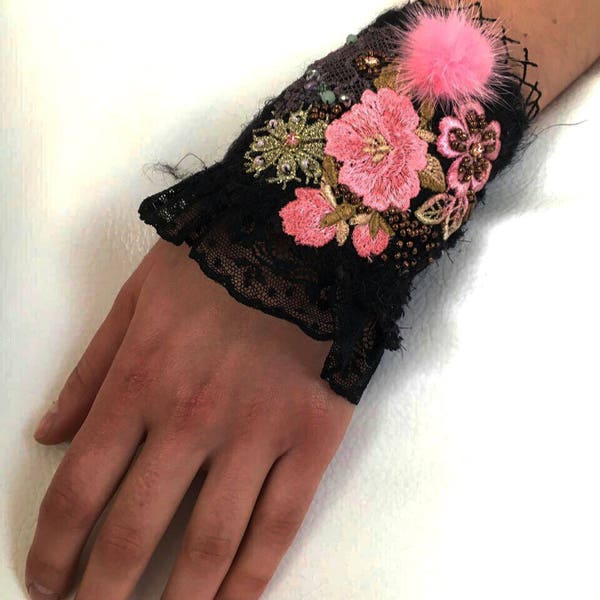 jewelry bracelet, romantic shabby chic wrist cuff -antique laces, hand beaded ,embroidered textile cuff antique lace