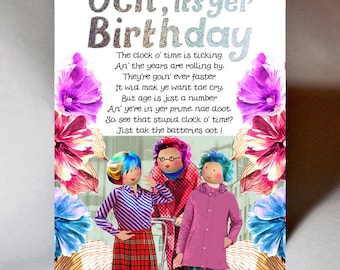 May include: A birthday greeting card with the text "Och, it's Yer Birthday" in silver glitter. The card features a poem and illustrations of three figures in colorful outfits, surrounded by floral designs in shades of pink, purple, and blue.
