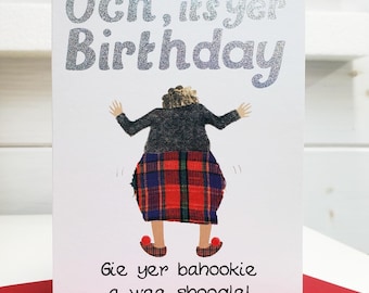 May include: Birthday greeting card with the text "Och, it's yer Birthday" in silver glitter. The card features a cartoon figure in a plaid skirt and a red envelope.