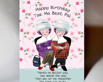 May include: A pink birthday card with a cartoon illustration of two women with hair rollers in a salon setting. The card reads "Happy Birthday Tae Ma Best Pal" and includes a poem about spending time together.