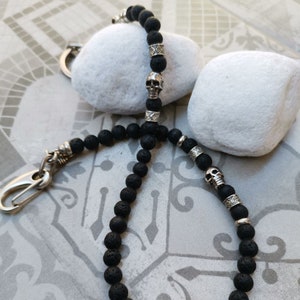 Cadena de cartera Calavera y Piedra volcánica, para hombre, regalos para hombre, calavera en plata,