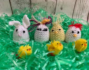 Easter Egg Cozies, Hand Knitted, Chick Cozies, Rabbit Egg Cozy, Easter Hunt, Easter, Unicorn, Bolied egg Cozy, egg cover, Easter cover,